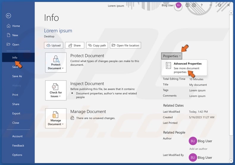 Select Info in the left pane, open the Properties menu and select Advanced Properties