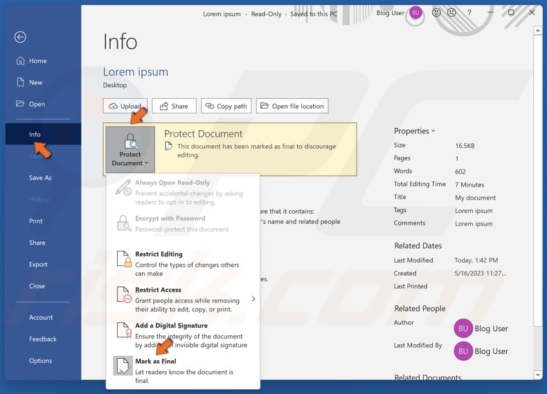 Select Info, open the Protect Document menu and deselect Mark as Final