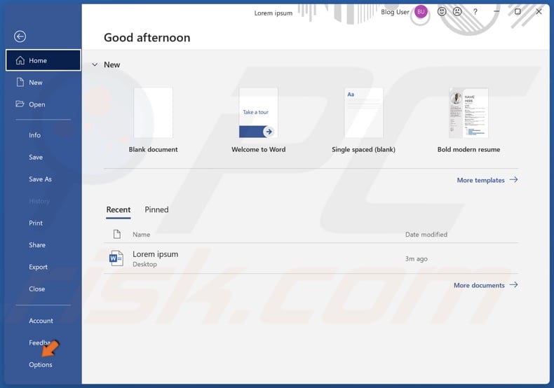 Select Options in the left pane