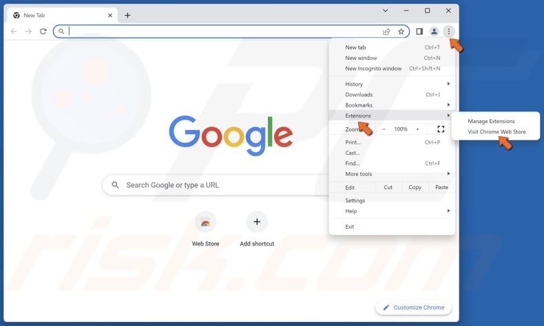 Click the three-dot menu button at the top-right corner, select Extensions and click Visit Chrome Web Store