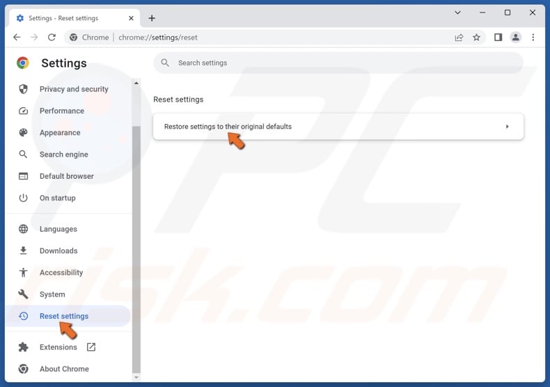 Select Reset settings and clickc restore settings to their original defaults