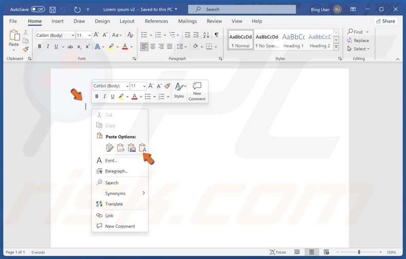 Right-click in the new file and click Paste