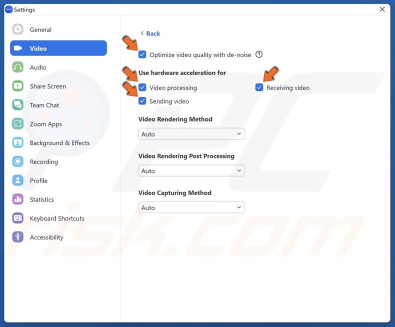 Mark all of the checkboxes to enable de-noise and hardware acceleration