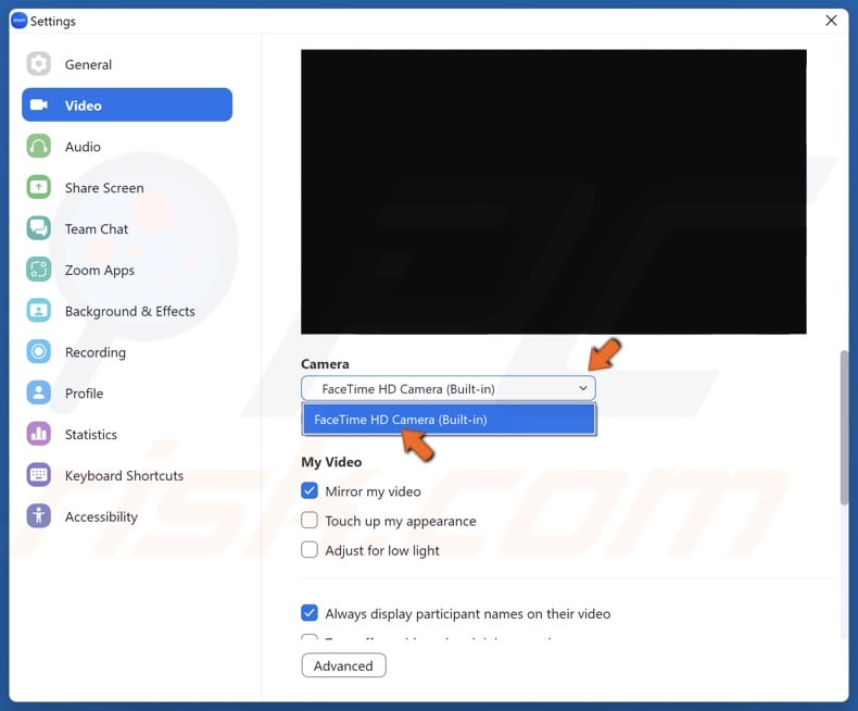 Open the Camera drop-down menu and select your preferred camera for Zoom