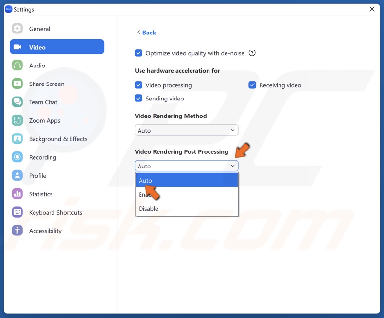 Open the Video Rendering Post Processing menu and select Auto