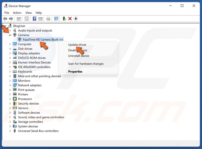 Expand the Cameras list in Device Manager, right-click your camera and click Update driver
