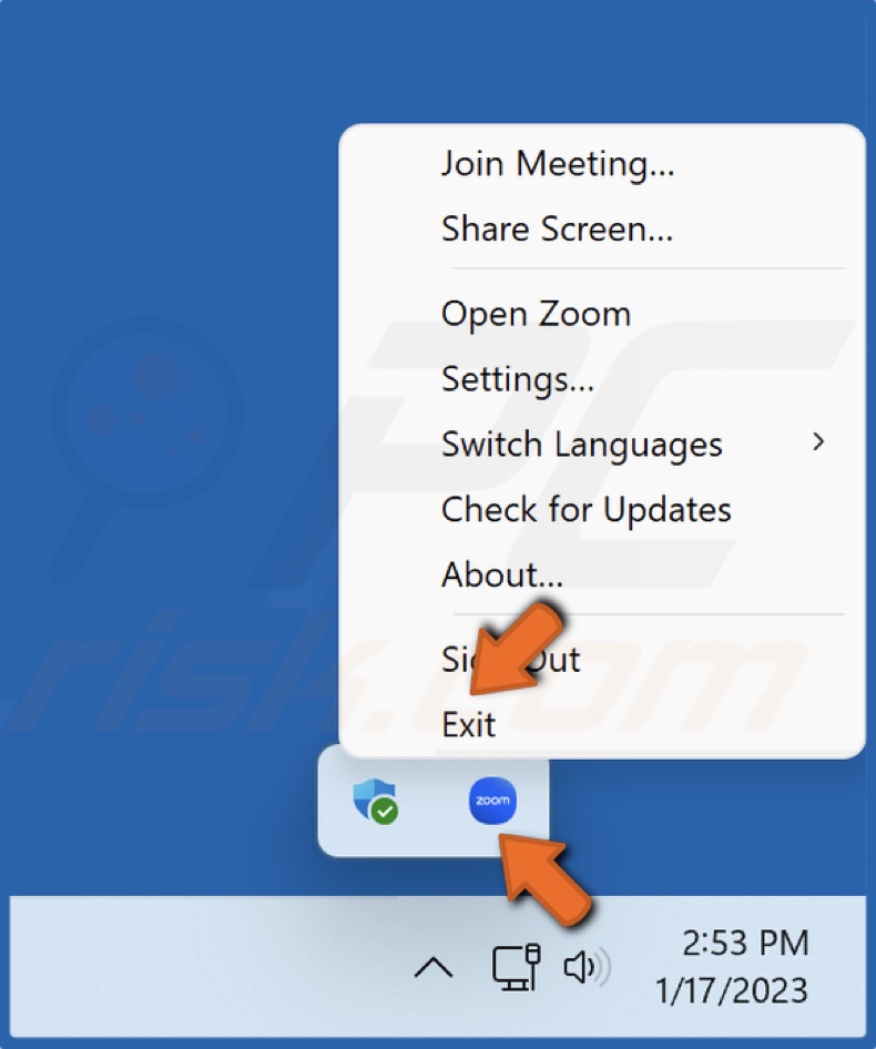 Right-click the Zoom icon in the taskbar and click Exit