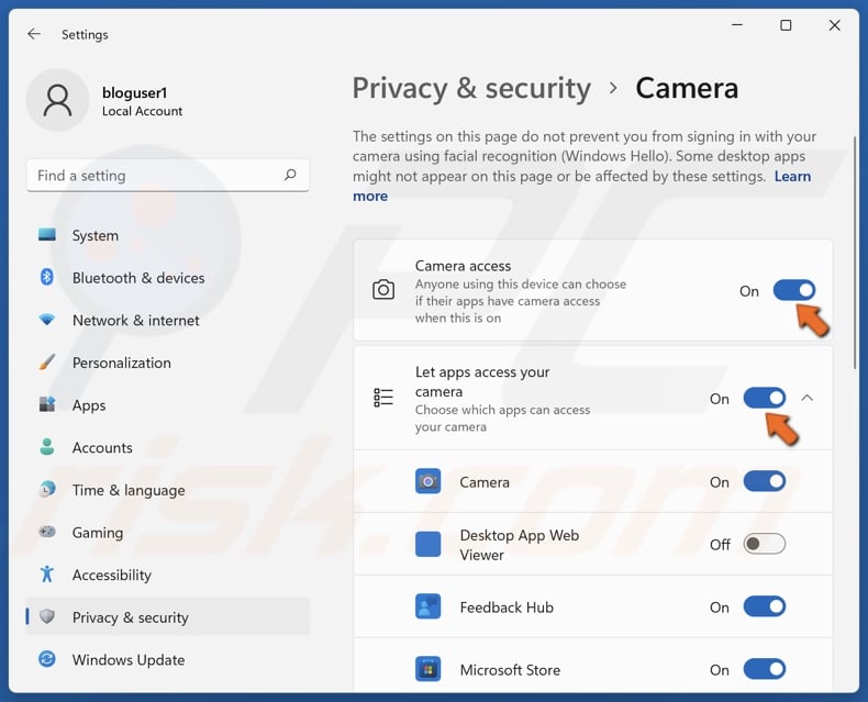 Toggle on Camera access and Let apps acccess your camera
