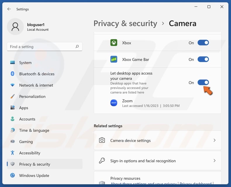 Toggle on Let desktop apps access your camera
