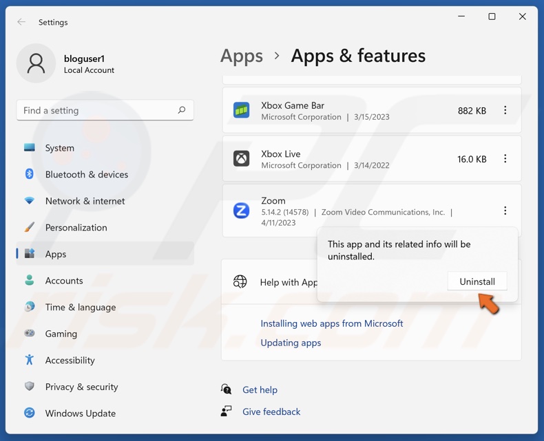 Click Uninstall to confirm the removal