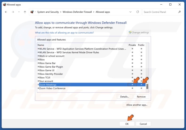 Mark the Private and Public checkboxes next to Zoom Meetings, and click OK