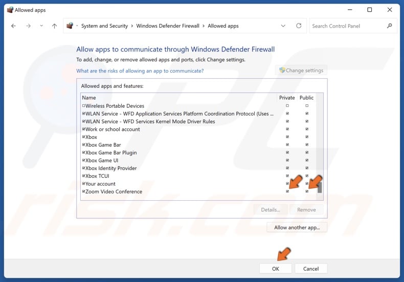 Mark the Private and Public checkboxes next to Zoom Video Conference and click OK