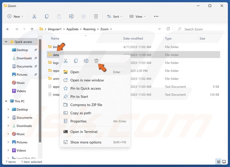 Right-click the data folder in Zoom and click Delete