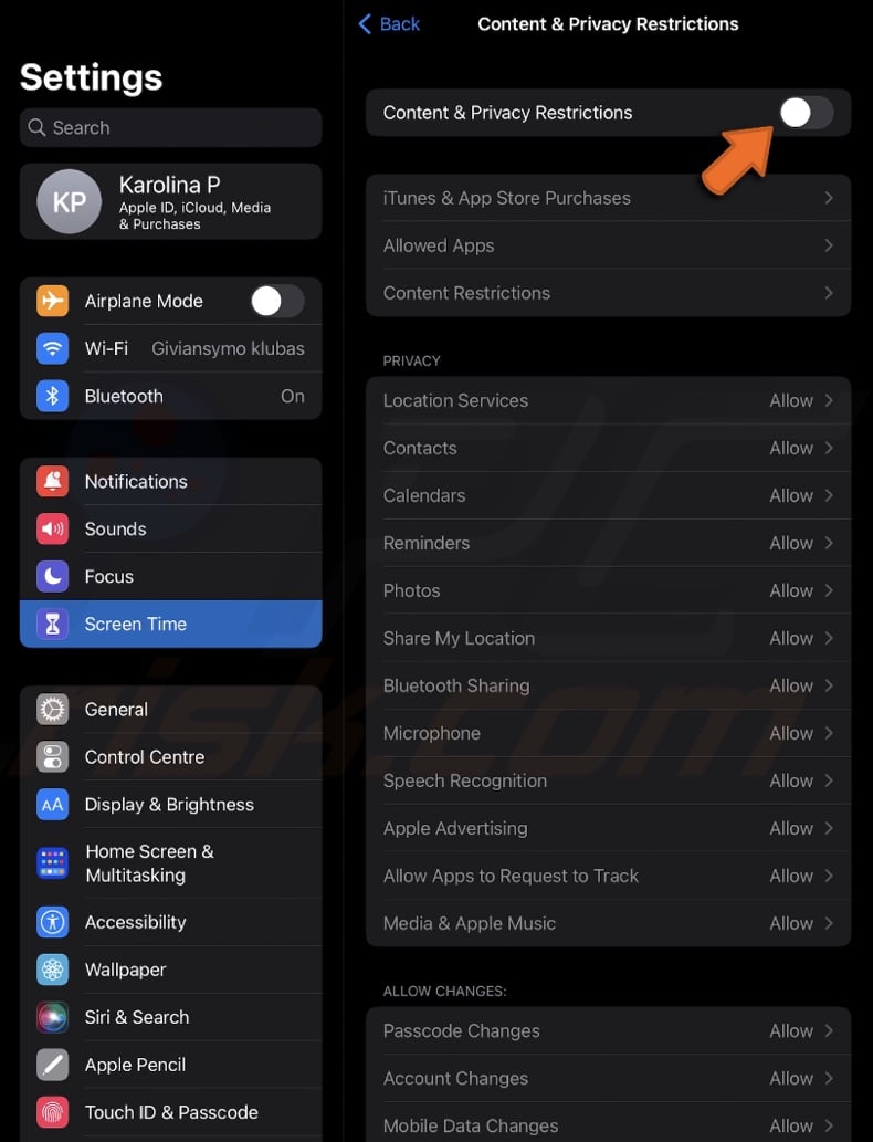 Disable Content & Privacy Restrictions