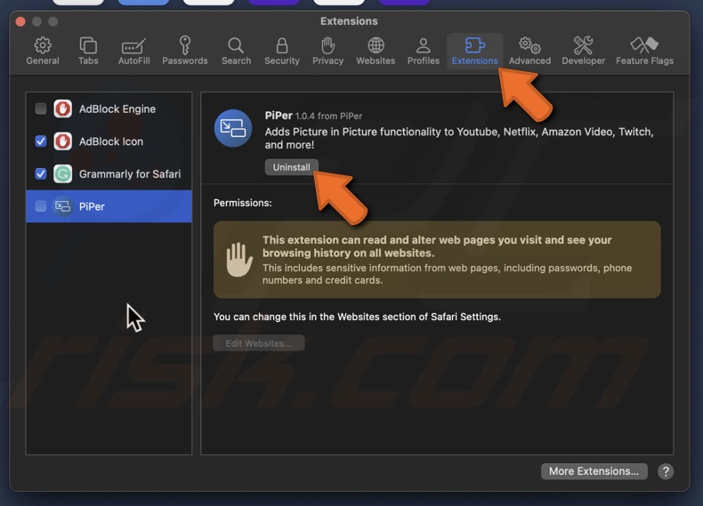 Uninstall Safari extension