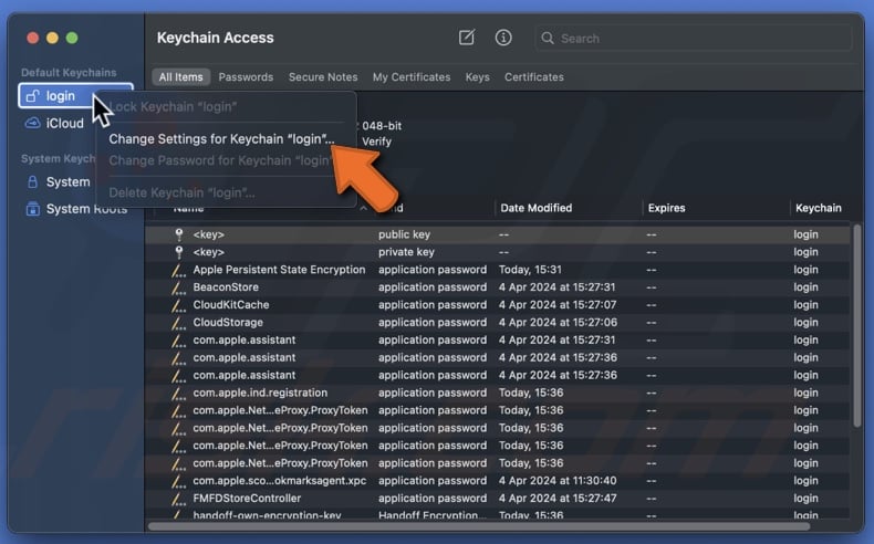 Change Settings for Keychain
