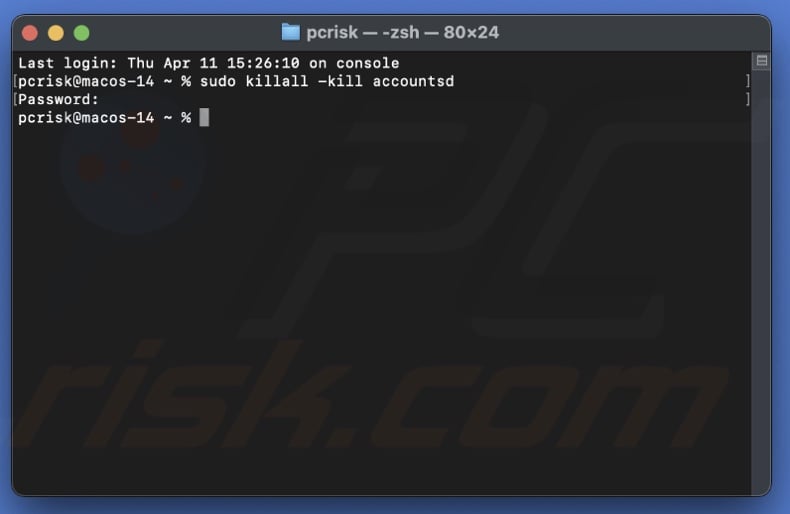 Force quit accountsd using Terminal