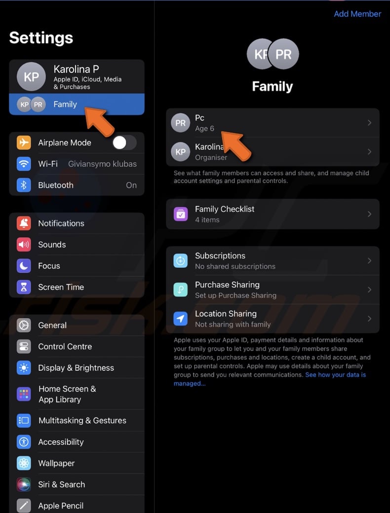 Select your childs account