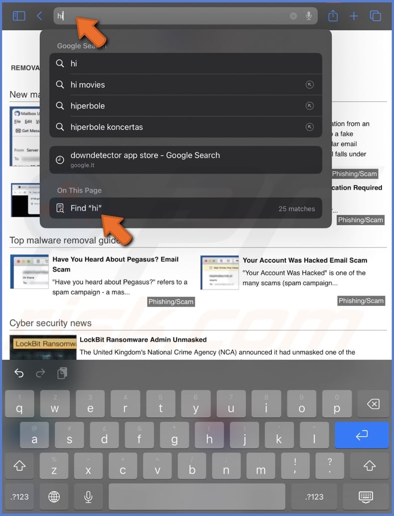 Search words or phrases in safari