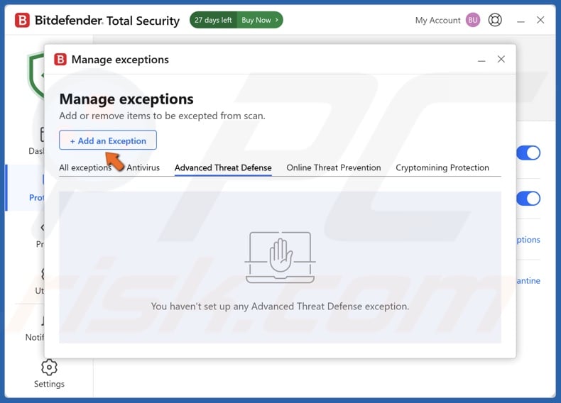 Click Add an Exception