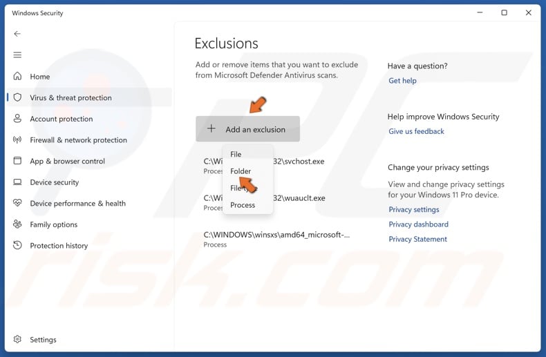 Click Add an exclusion and select Folder