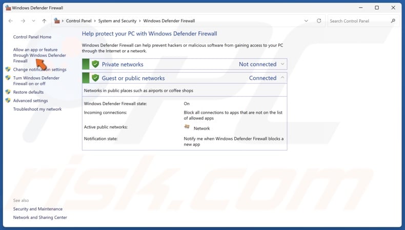 Click Allow an app or feature through Windows Defender Firewall