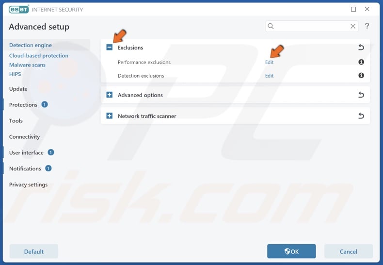 Expand the Exclusions menu and click Edit next to Performance exclusions