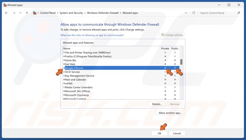 Ensure that the Private and Public checkboxes are marked and click OK