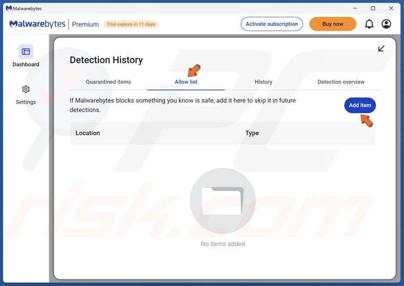 Select the Allow list tab and click Add item