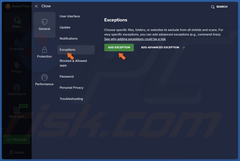 Select the Exceptions panel and click Add Exception