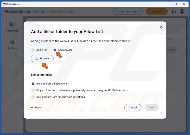 Tick Add a folder and click Browse