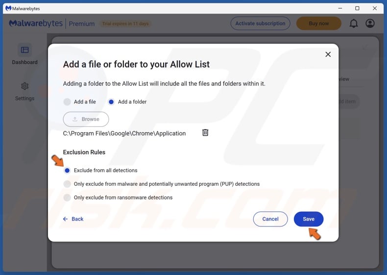 Tick the Exclude from all detections option and click Save