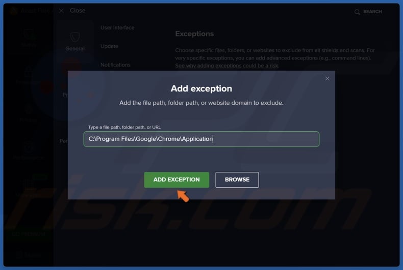 type in C:Program FilesGoogleChromeApplication in the text box and click Add Exception