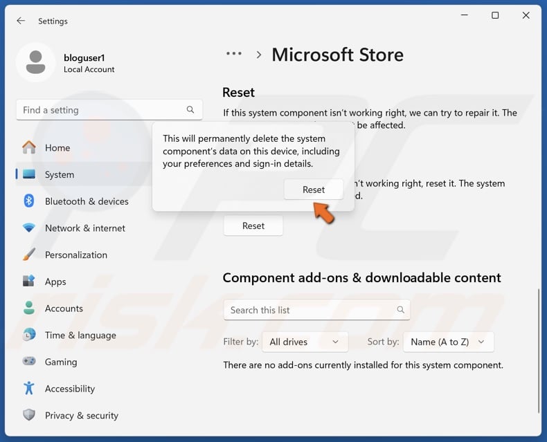 Click Reset in the dialog window