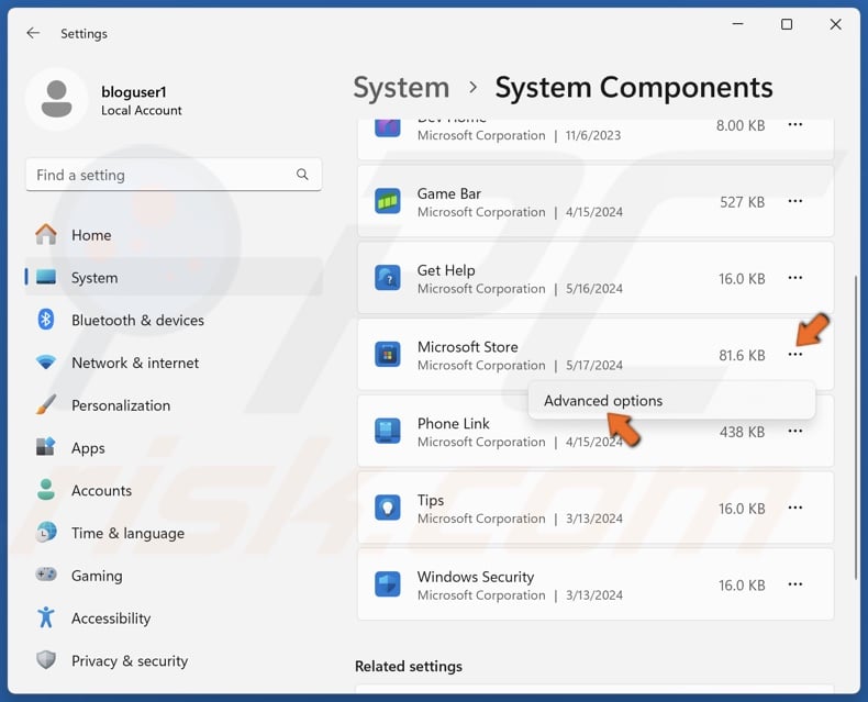 Click the three-dot button next to the Microsoft Store and click Advanced options
