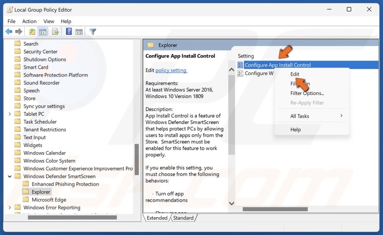 right-click the Configure App Install Control policy and click Edit