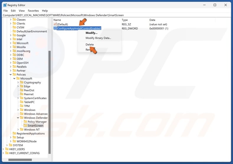 Right-click the ConfigureAppInstallControlEnabled value and click Delete
