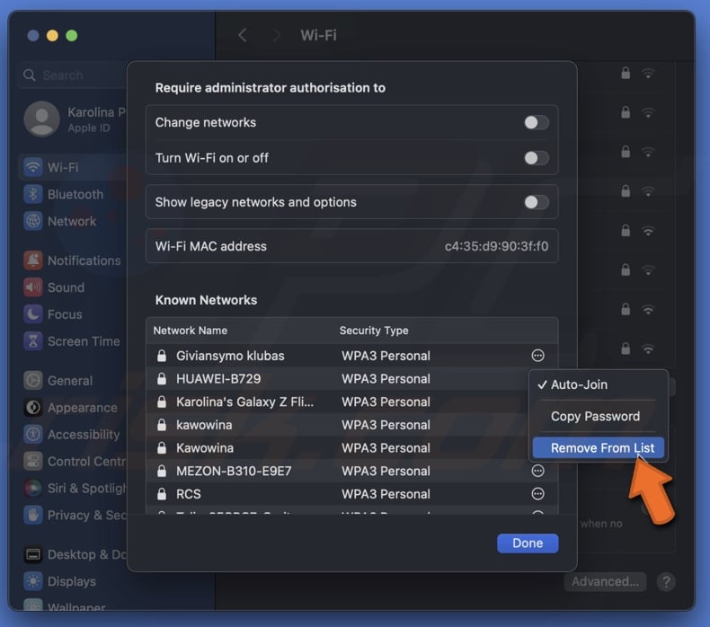Remove Wi-Fi From List