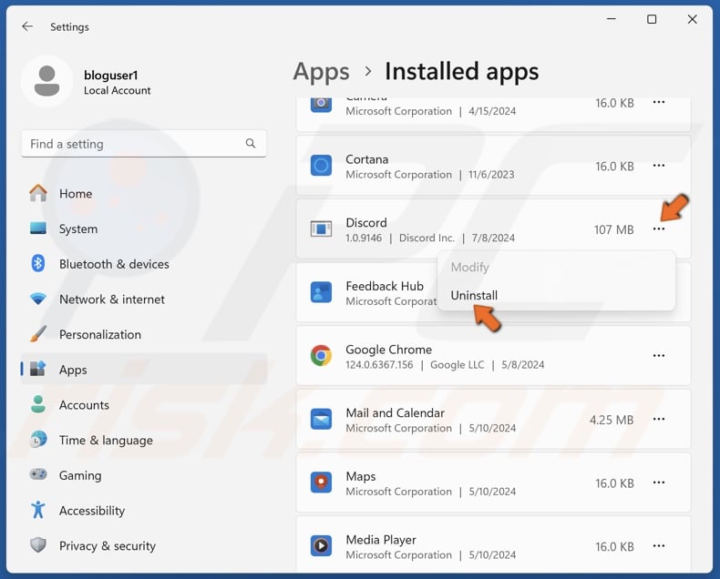 Click the three-dot button next to Discord and click Uninstall