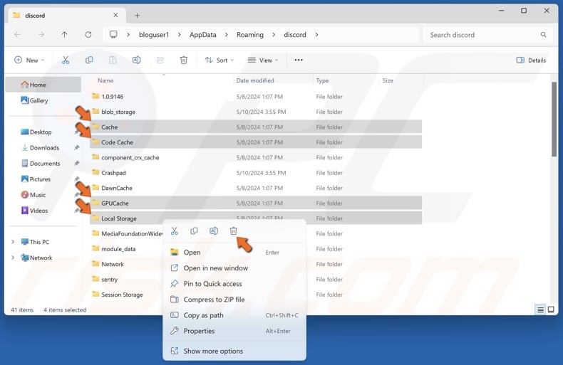 Delete Cache, Code Cache, GPUCache, and Local Storage folders