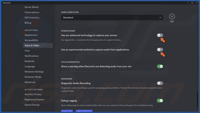 Disable Use our latest technology to capture your screen and Use an experimental method to capture audio from applications