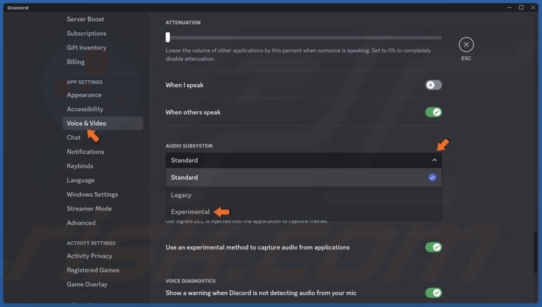 Open the Audio Subsystem menu and select Experimental