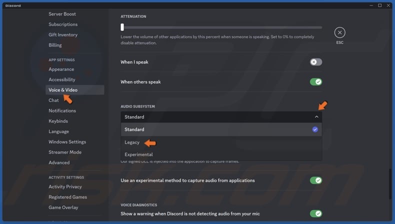 Select the Voice & Video panel, open Audio Subsystem and select Legacy