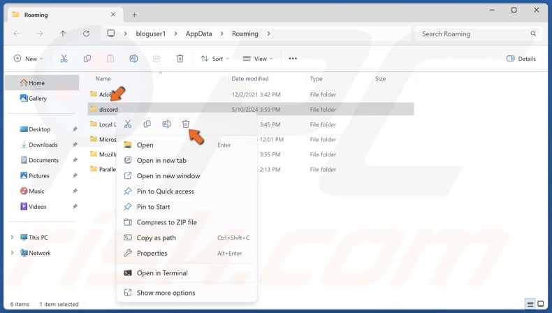 Right-click the discord folder and click Delete