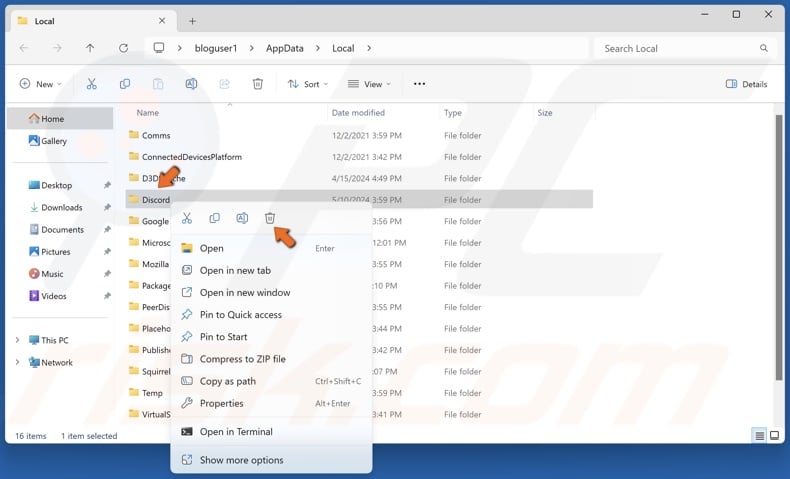 Right-click the Discord folder and click Delete