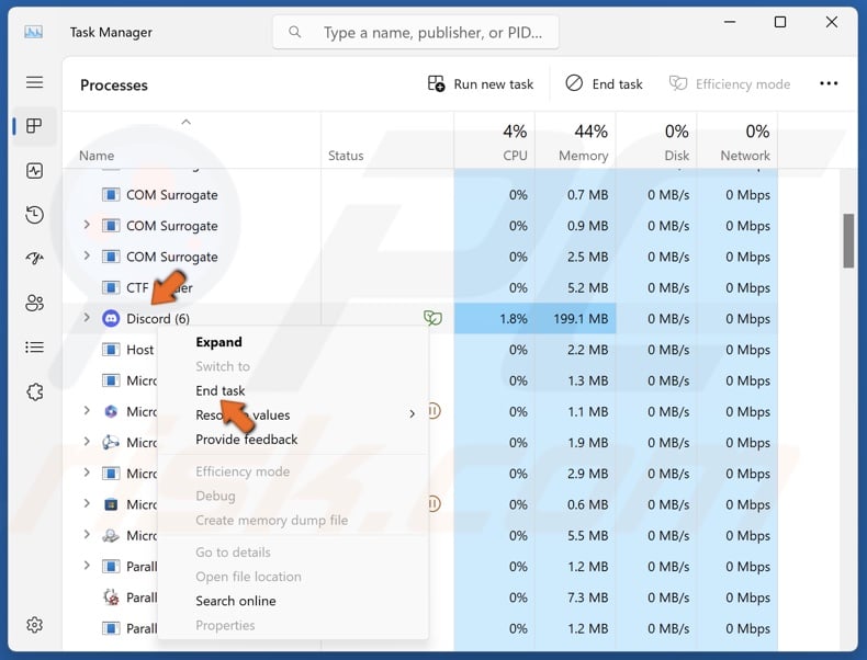 Right-click each Discord process and click End task