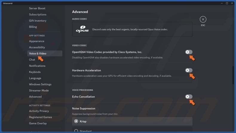 Disable, OpenH264 Video Codec, Hardware Acceleration, Echo Cancellation
