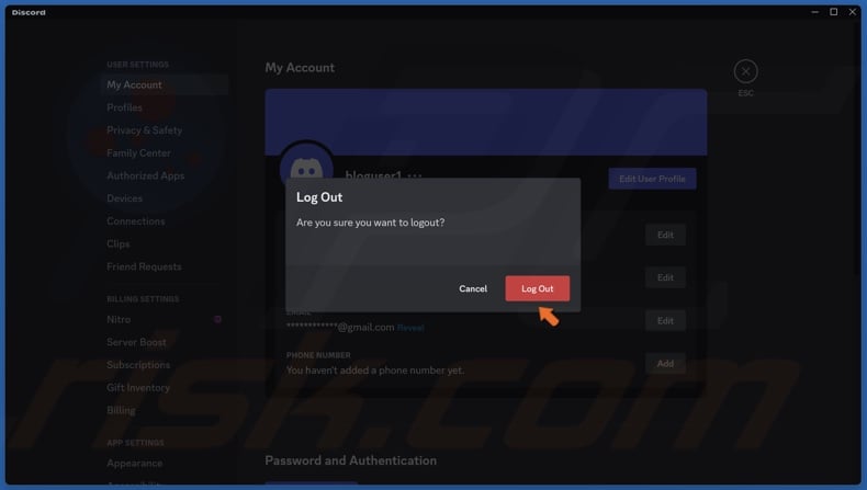 Click Log Out when prompted