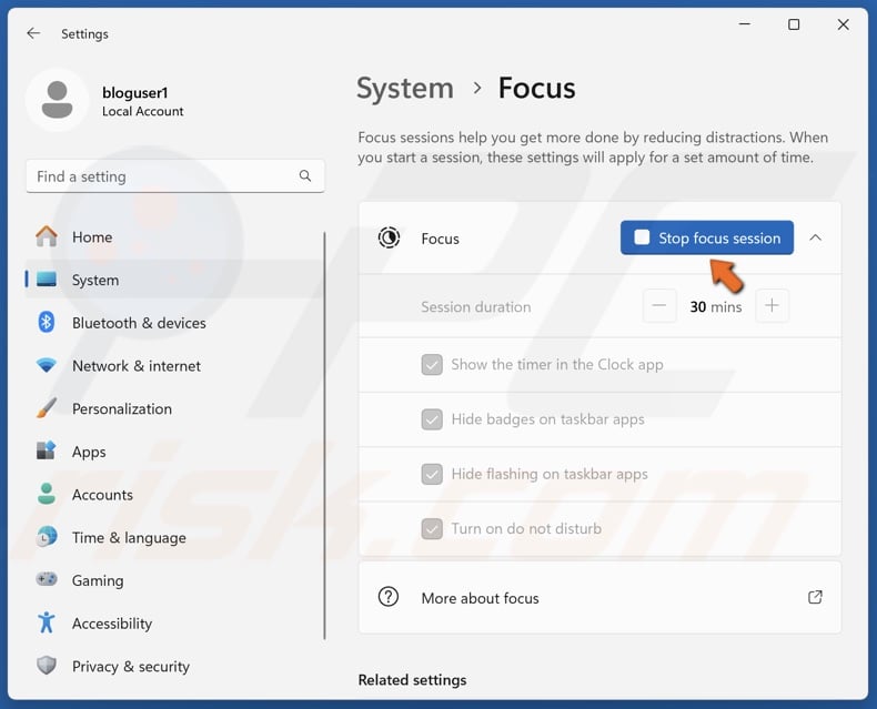 Click Stop focus session