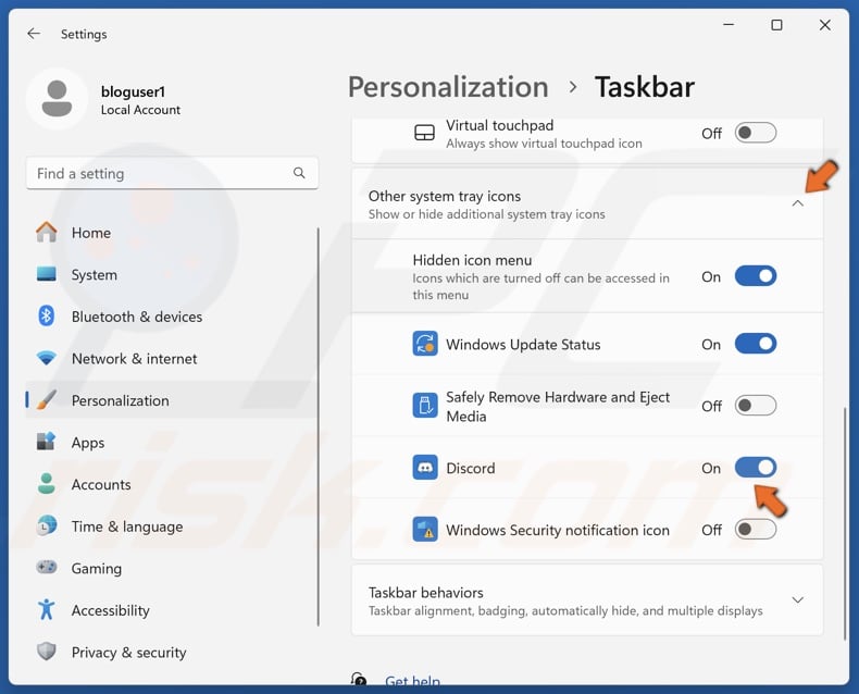 open the Other system tray icons menu, and toggle on the slider next to Discord